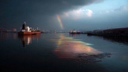 Industrial harbor scene with oil slick and rainbow reflections