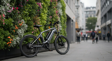 Modern electric bicycle parked by a vertical garden in an urban city street promoting eco friendly transportation sustainability smart mobility and green commuting lifestyle in downtown area