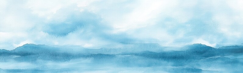Obraz premium Serene blue watercolor landscape featuring misty mountains and cloudy sky creating a calm and tranquil mood