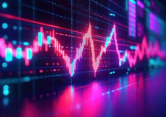 Colorful neon digital financial chart with fluctuating candlestick graph and data points on futuristic grid background