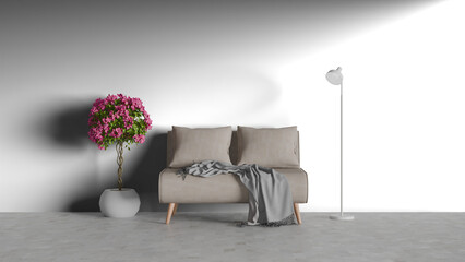 3D render a couch with a blanket and a vase with flowers
