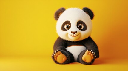 Fototapeta premium A cute cartoon panda bear sits smiling against a yellow background