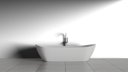 3D render a white bathtub sitting on top of a tiled floor