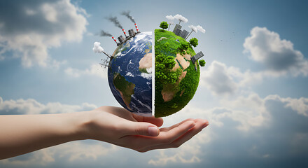 Split earth in human hand showing contrast between polluted industrial side and green sustainable eco side symbolizing global climate change renewable energy and environmental responsibility