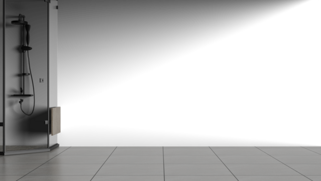 3D render a bathroom with a shower and a tiled floor