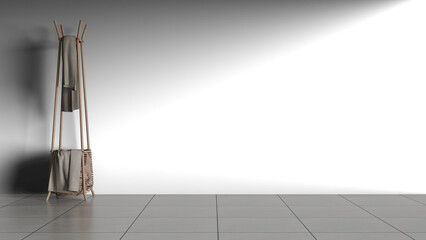 3D render a white tiled floor with a coat rack and a pair of skis
