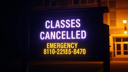 Nighttime sign displaying classes cancelled in violet and yellow light effect heatwave climate global change
