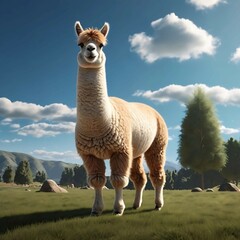 Obraz premium Realistic alpaca in green field under blue sky