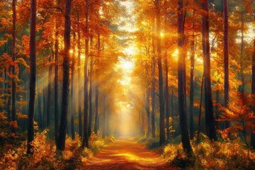 Fototapeta premium Sunlight streaming through tall trees with autumn orange and yellow leaves lining a forest path, creating a warm and tranquil atmosphere