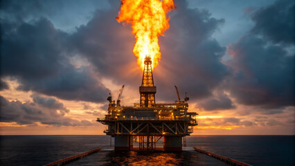 CO2 Levels concept ,Oil rig burning off gas with bright flame at sunset over ocean under cloudy sky