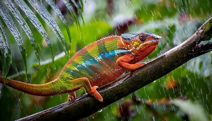 a vibrant chameleon perched on a branch amidst rain and lush green foliage