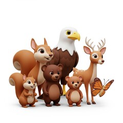 Naklejka premium Cute Cartoon Animals Group with Squirrel, Bear, Eagle, and Deer