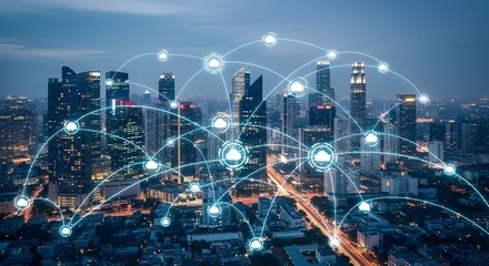 City skyline with digital network connections for business or technology concept