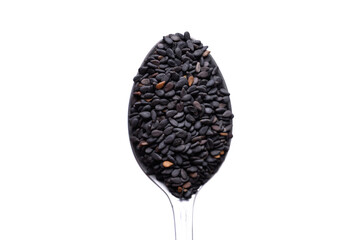 Black sesame seed in spoon on white background, Food ingredient