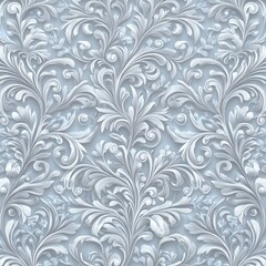 seamless decorative floral pattern with swirling leaves and small stylized birds in soft pastel blue and white tones evoking elegance and calm