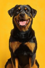 Fototapeta premium happy sitting rottweiler dog with tongue out against bright yellow background