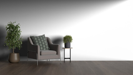 3D render a chair and a plant in a room