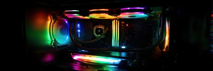 Illuminated gaming pc interior with rgb lighting and graphics card