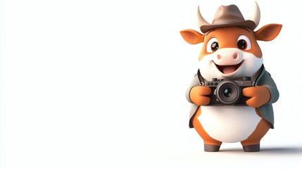 A Friendly Cartoon Bull Holding a Camera on a White Background