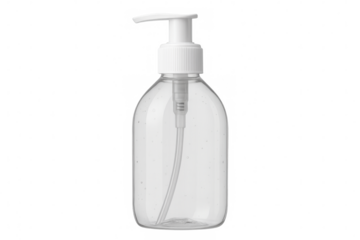 Transparent plastic sanitizer bottle with pump dispensing hand cleansing gel against clear backdrop