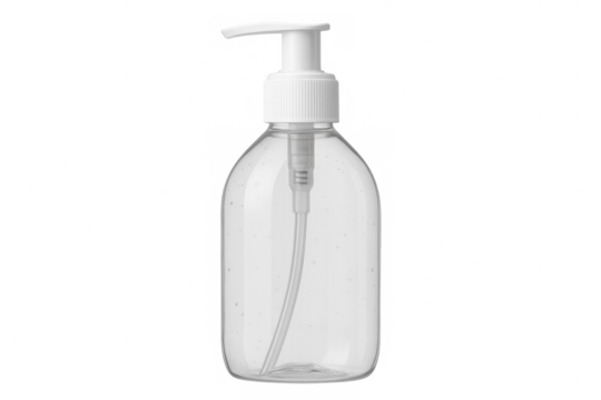 Transparent plastic sanitizer bottle with pump dispensing hand cleansing gel against clear backdrop