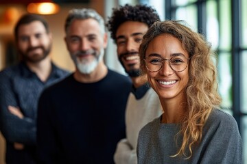 Fototapeta premium Group of four diverse young adults standing indoors with natural light, smiling warmly and looking at the camera, showing friendly and positive emotions