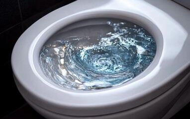 Close-up view of a white toilet bowl flushing with clear swirling water creating a vortex effect inside