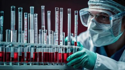 scientist holding medical testing tubes or vials of medical pharmaceutical research with blood cells and virus cure using DNA genome sequencing biotechnology created with generative ai - Powered by Adobe