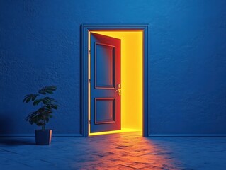 partially open blue door emitting bright warm yellow light into a dark blue empty room with a potted green plant on the floor