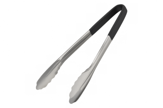 Metal serving tongs with black silicone handle isolated on transparent background, perfect for grabbing food safely