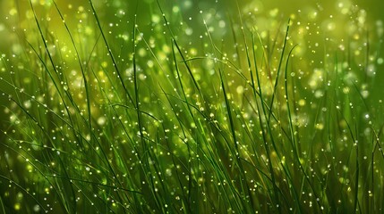 Obraz premium Blades of lush green grass covered in glittering water droplets, bathed in soft, blurry light