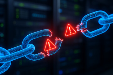 Broken digital chain with glowing red warning icons symbolizing cybersecurity breach system failure data loss network disruption hacking risk or vulnerability in futuristic server background