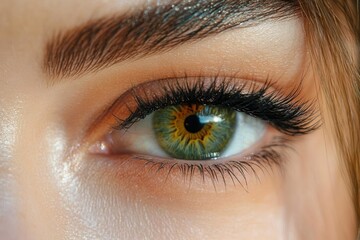 Obraz premium Close-up of a human eye with green and yellow iris details surrounded by long dark eyelashes and well-groomed eyebrow, showing skin texture and natural light reflection