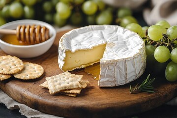 Creamy round cheese with white rind and a slice removed on wooden board with square and round crackers green grapes honey in a bowl with dipper and sprig of rosemary