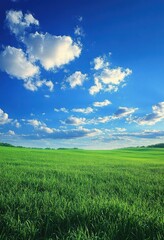 Expansive green grass field under bright blue sky with scattered white clouds on a sunny day