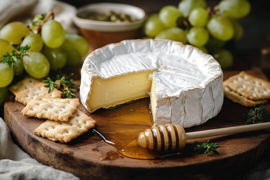 Soft round cheese wheel with a wedge removed on wooden board, surrounded by crackers, green grapes, honey dipper with honey, and fresh herbs