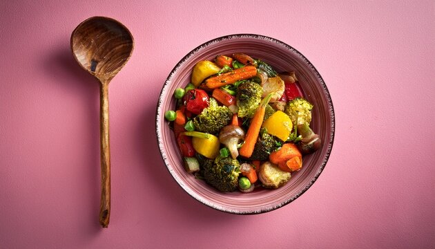 roasted vegetable medley on pink background with rustic spoon