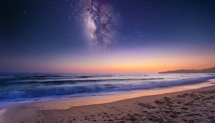serene beach at dawn tranquil shoreline under starry sky and sunrise glow