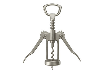 Metallic wing corkscrew gleaming with elegant curves, standing ready for uncorking wine bottles against clean transparent backdrop