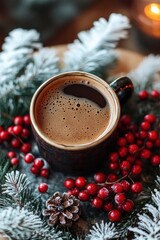 Close-up of a warm cup of frothy coffee surrounded by frosted pine branches, red berries, and a pinecone creating a cozy winter holiday atmosphere