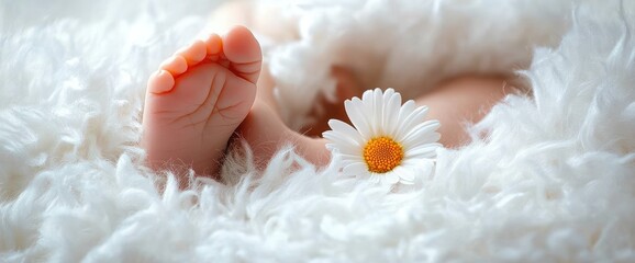 Close-up of tiny baby feet resting on soft white fluffy fabric with a fresh white daisy flower beside them, evoking warmth and tenderness