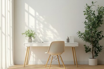 Minimalist workspace with a white desk, beige chair, green plants, soft natural light casting window shadows on a plain wall creating a calm and peaceful atmosphere