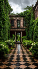 Obraz premium Elegant and mysterious courtyard with ivy-covered walls and a checkerboard floor