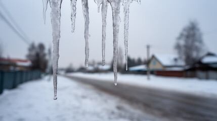Close-up of melting icicles with a blurred winter village street in the background