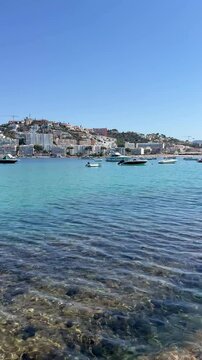 Palma de Majorca, Spain- July 5, 2025: Santa Ponsa tourist resort. View of hotels along coastline. Beautiful seascape bay with luxury yachts at the coast, Mediterranean Sea, Balearic Islands. Majorca 