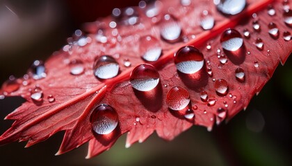 water drops on a red plant leaf