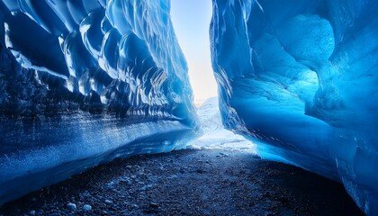 a dramatic ice cave with blue light filtering through the frozen walls a magical and ethereal environment