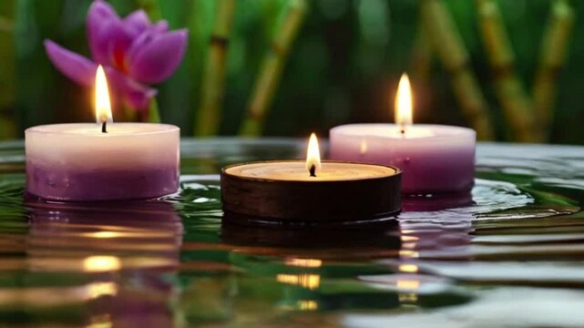 Aromatic candles over water with flowers and bamboo. Spa and relaxation concept. created with generative ai
