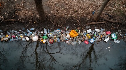Obraz premium Pollution and Environmental Impact of Plastic Waste in Waterway