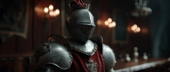 Knight in ceremonial armor with family crest in historic interior setting